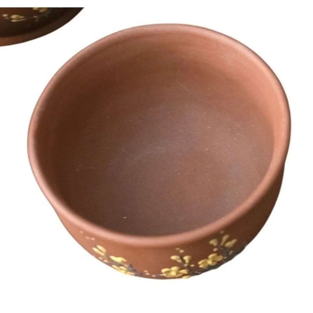 Yixing Zisha Clay Teapot Set Hand Painted Plum Blossom Branch 3pc Tea Set‎ Brown